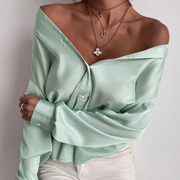 Satin silky button up collared shirt sage green - Picture 7 of 12